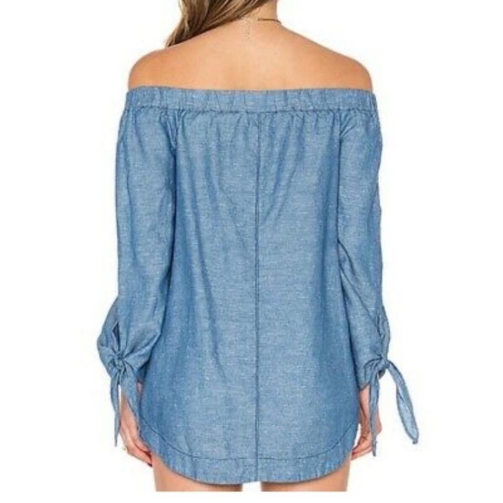 Free People Top S Off Shoulder Jean Denim 52%cotton 48%linen Long Sleeve - Picture 2 of 10